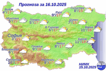 Времето: Облачно със слаб дъжд, максималните температури между 14 и 19 градуса